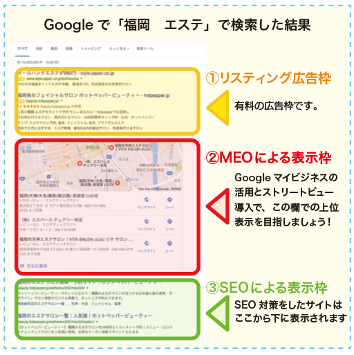 Googleで「福岡　エステ」で検索した結果